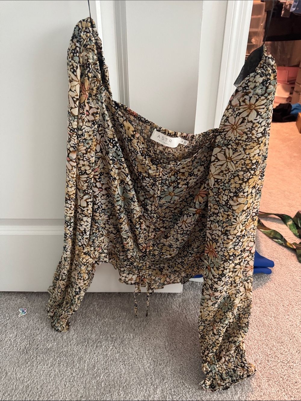Astr Floral Smocked Waist Long Sleeve Blouse in Black and Mustard